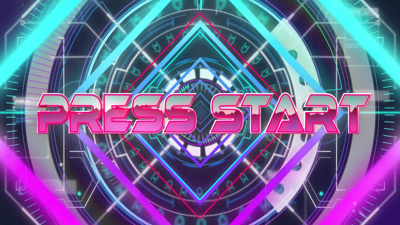 네온 패턴 배경 위에 프레스 시작 텍스트의 애니메이션