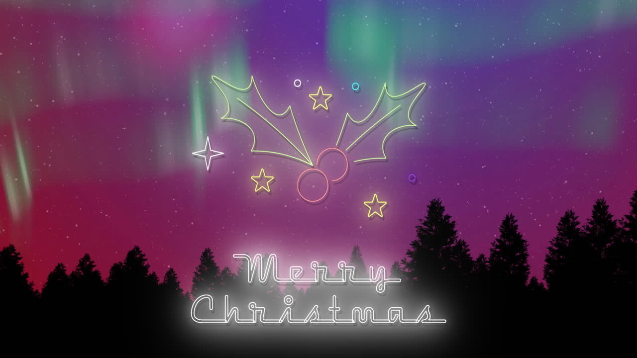 Animation of merry christmas text and fir trees over sky