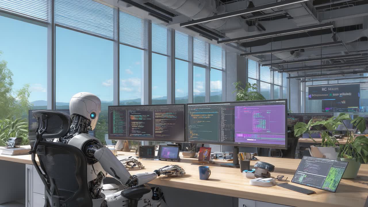 A Futuristic Office Scene Featuring a Humanoid Robot Working on Multiple Screens, Engaged in Coding and Programming Tasks in a Modern Tech Environment