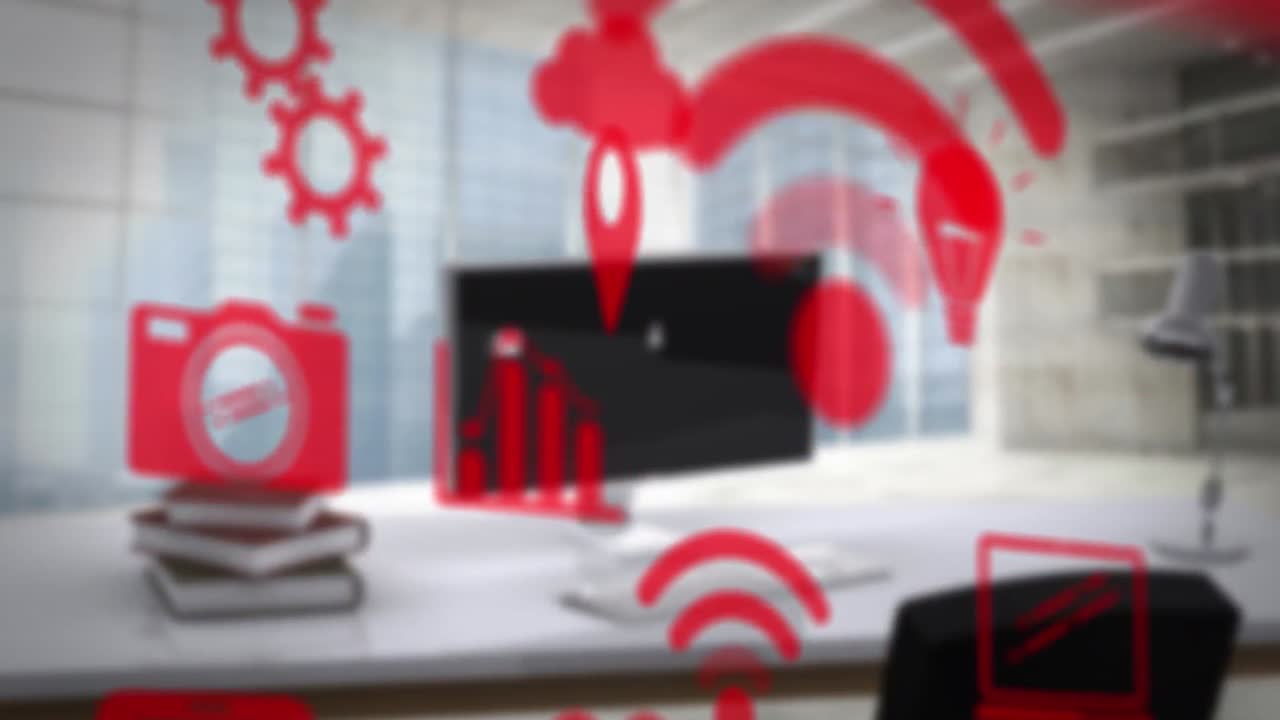 animación de iconos sobre un escritorio de oficina borroso con computadora