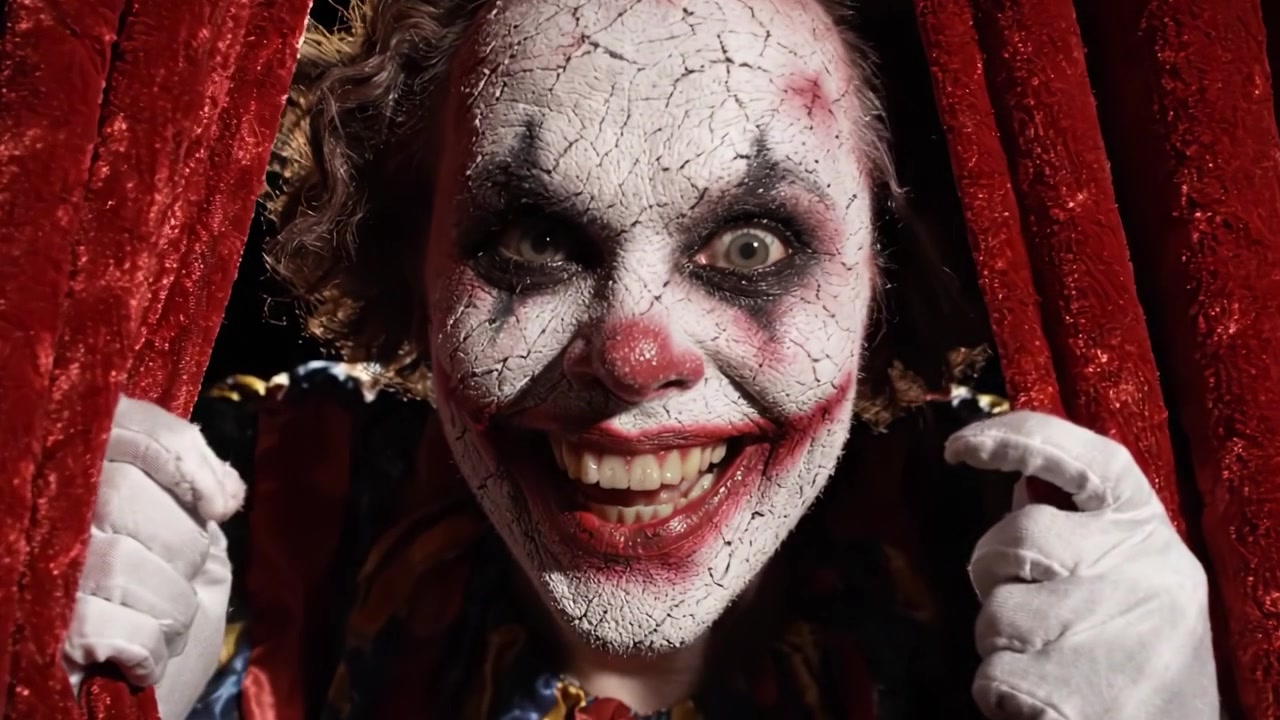 A Sinister Clown Revealed Behind Velvet Curtains, Eliciting Both Intrigue and Fear with an Eerie Smile and Creepy Makeup, Capturing the Essence of a Haunted Performance.