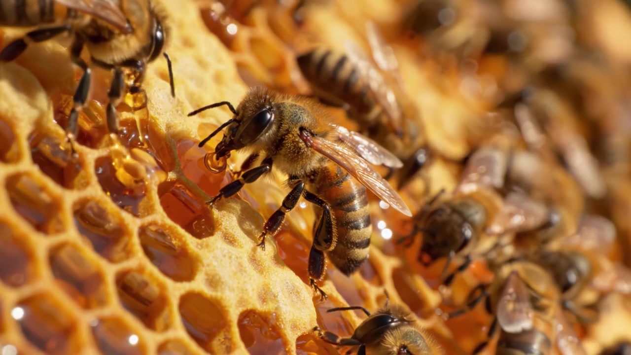 Primo piano di api mellifere che raccolgono laboriosamente il nettare dal favo, mostrando il loro ruolo vitale nell'impollinazione e nella produzione di miele nell'ecosistema dell'alveare.