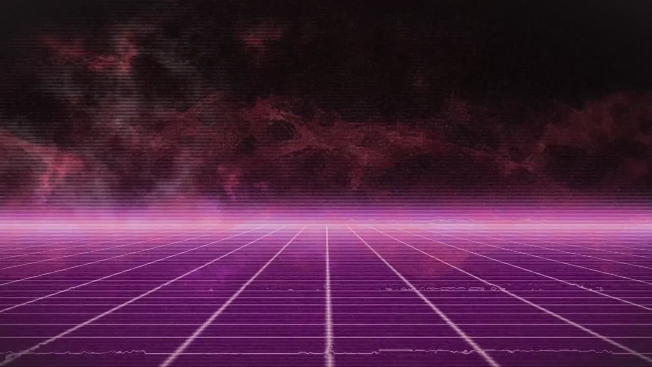 검은 바탕에 보라색 격자 위에 연기 구름의 애니메이션