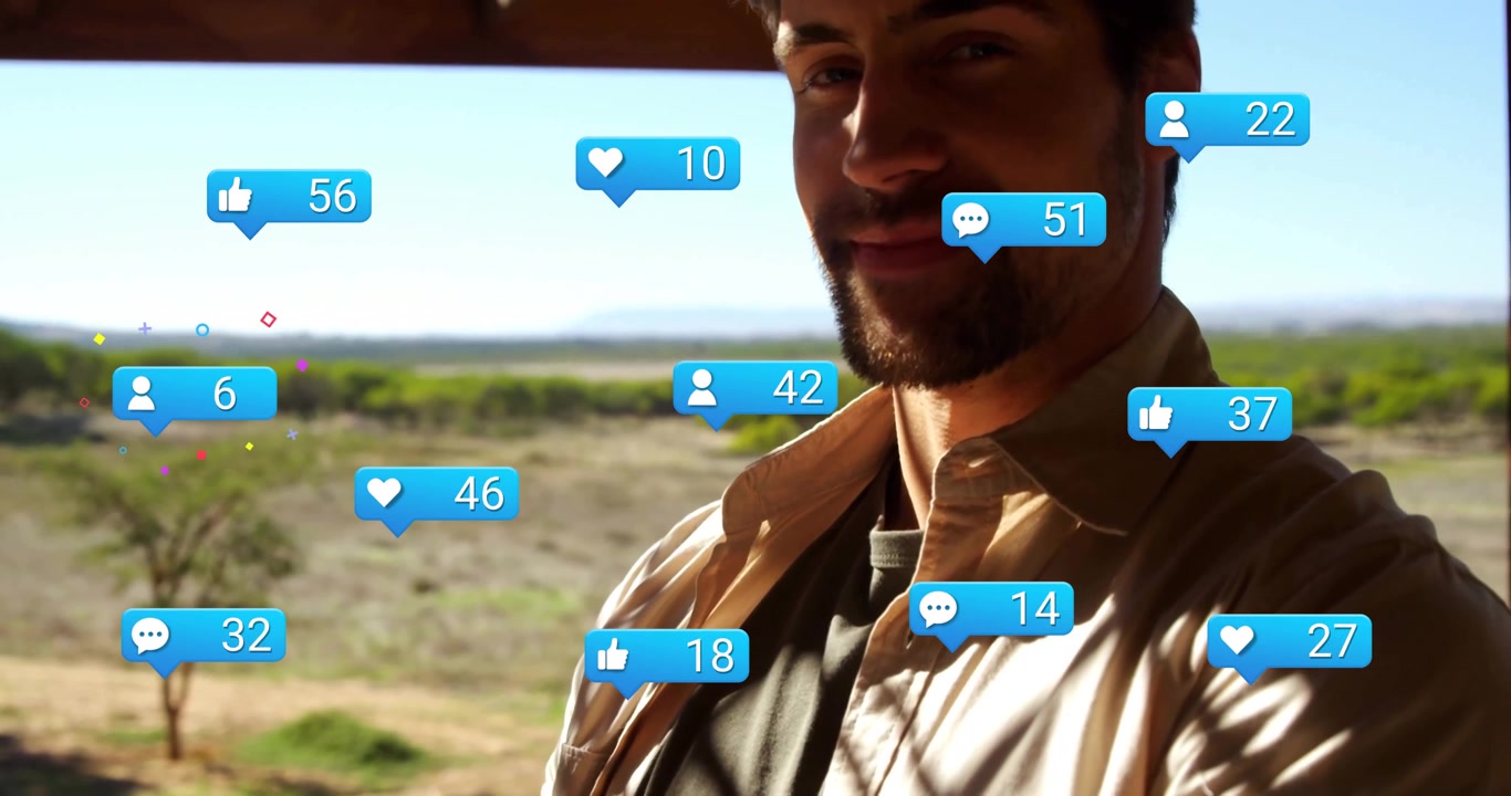 Man viewing floating social media icons on porch over rural plain, highlighting marketing tech