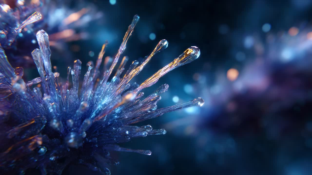 Captivating Abstract Close-Up of Crystalline Structures with Radiant Blue and Orange Highlights Glimmering in a Starry Dark Background, Evoking a Mystical Atmosphere