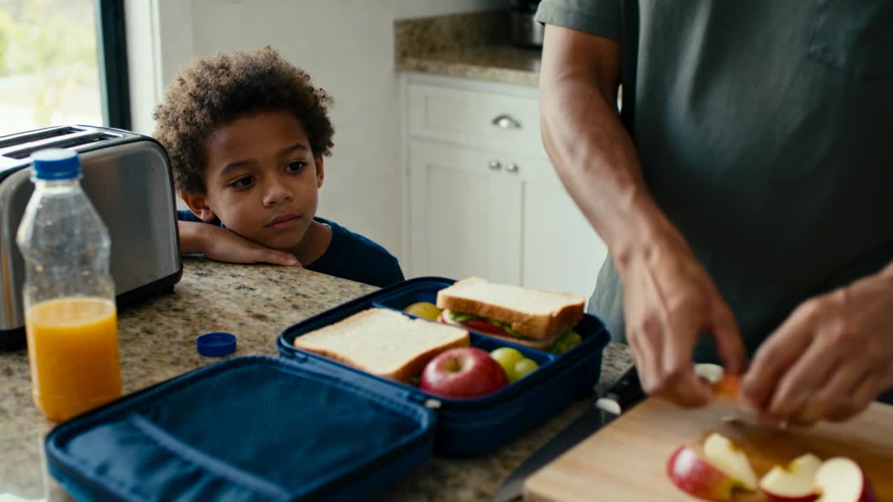 Papá preparando el almuerzo por la mañana, cortando una manzana y llenando una fiambrera azul en la cocina, mientras el niño con camiseta oscura observa. Espacio para texto.