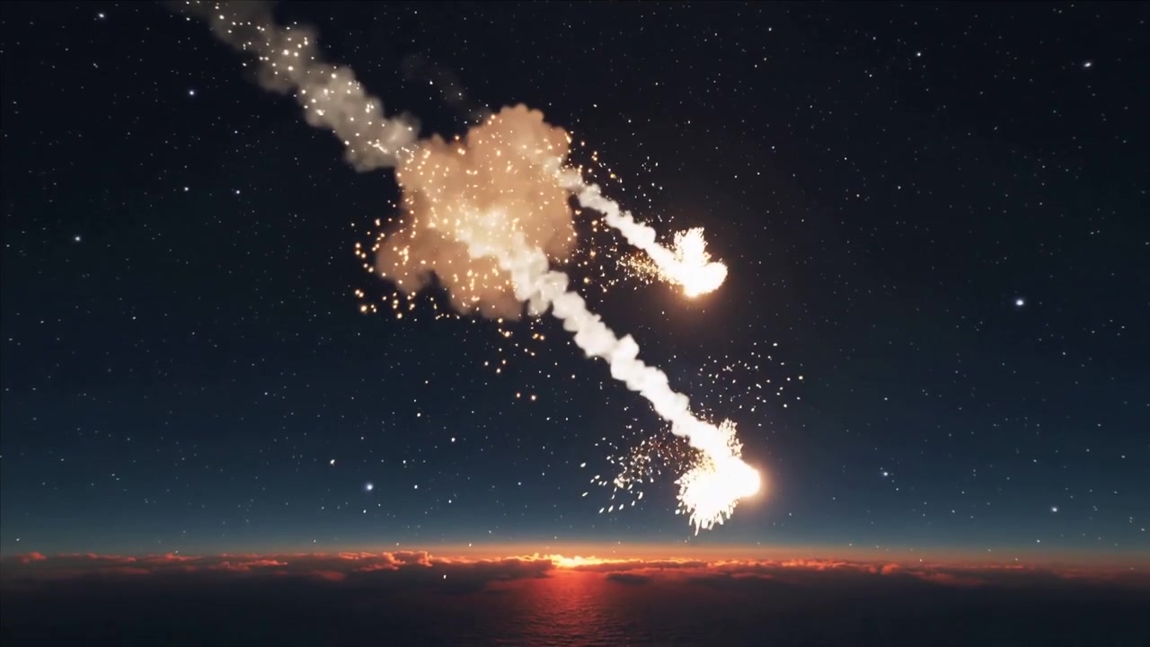 Atmosfere giren meteor, denizin üzerinde iki ateş topuna ayrılarak arkasında duman ve kıvılcımlar bırakıyor.