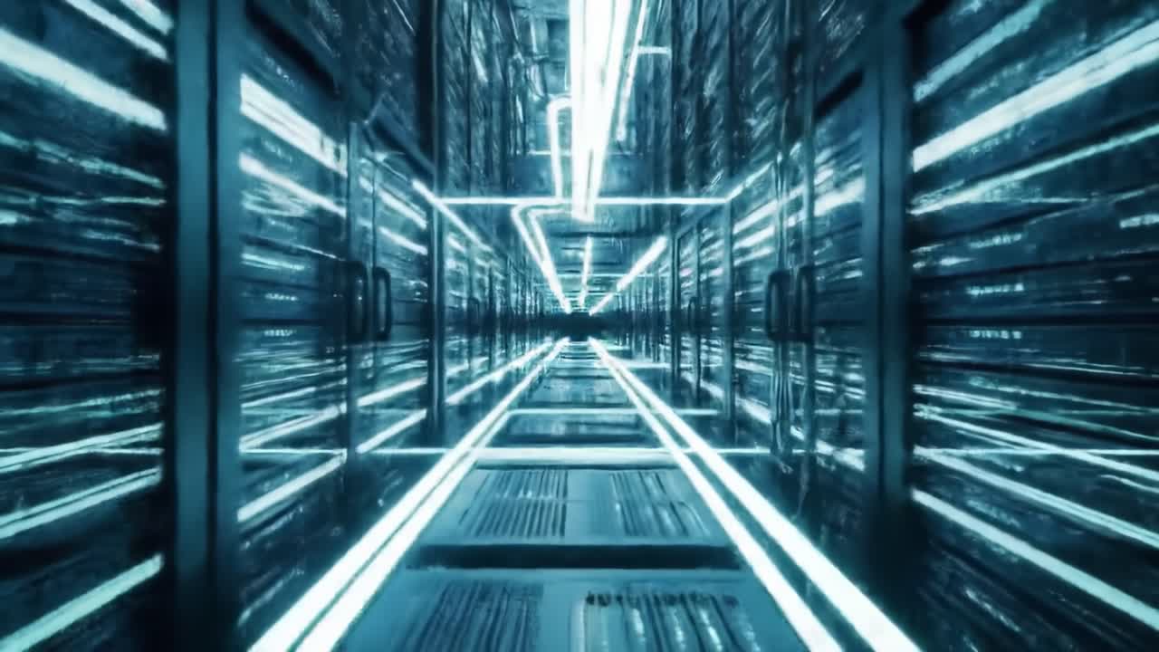 A mesmerizing corridor in a high-tech facility is illuminated by bright neon lights. The sleek design features rows of equipment, creating a futuristic atmosphere that captivates.