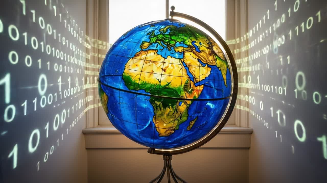 A Stunning Visual Display of a Globe Illuminated by Digital Binary Data Projections, Merging Geography and Technology in a Captivating Scene