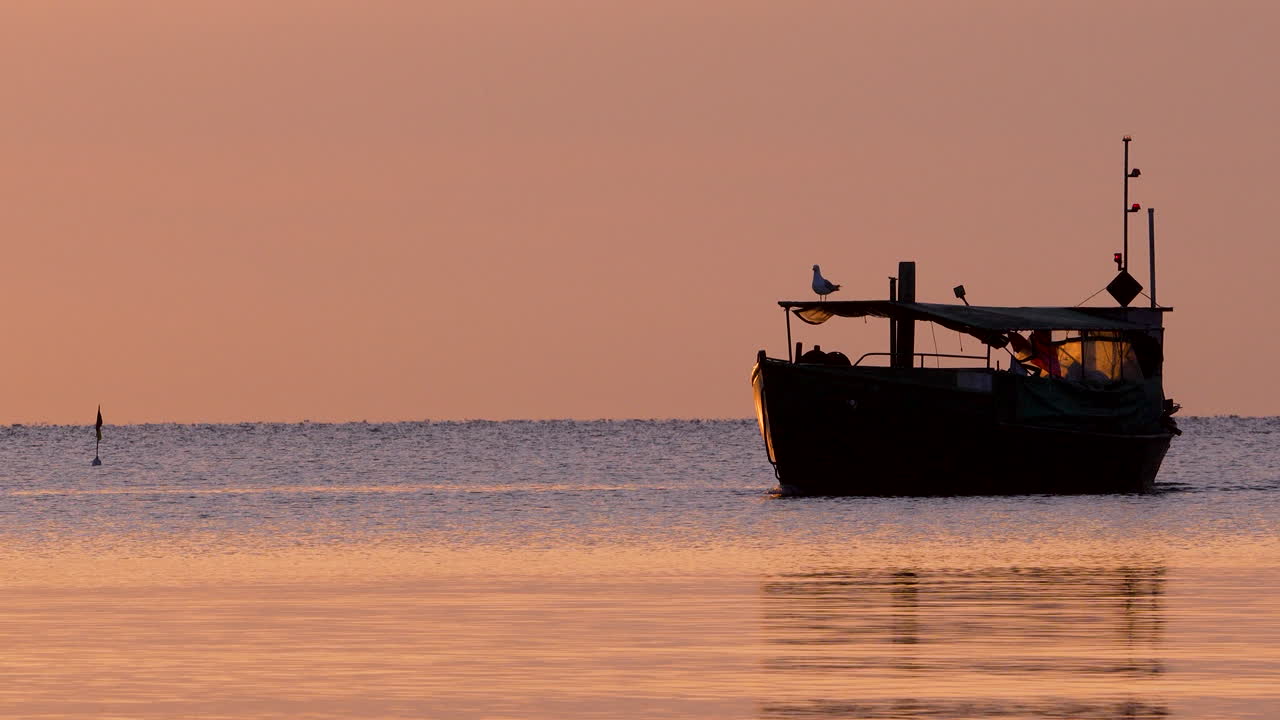 Fishing boat rests calmly at sea during golden sunrise, seagull perched on roof
