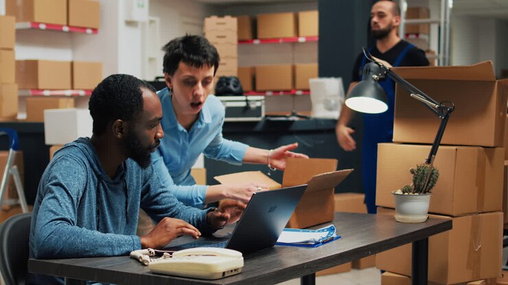 Persone che lavorano in un magazzino con scatole e laptop