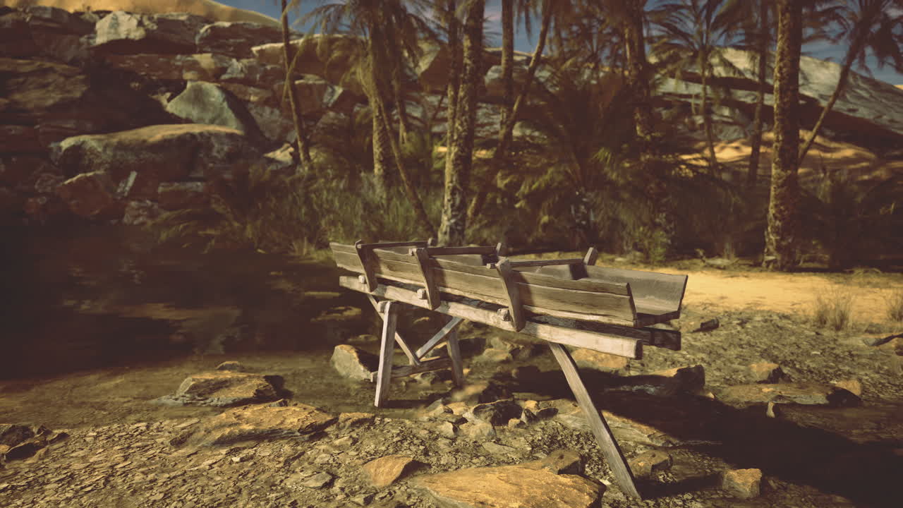 Wooden cart resting on shoreline with tropical foliage in background