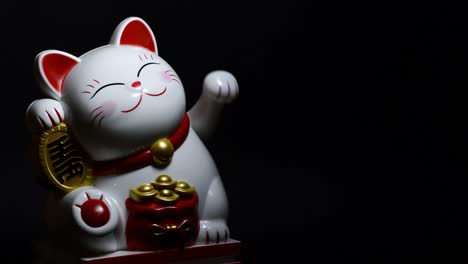 closeup shoot of white and red shiny chinese lucky cat waving a paw with background isolated on black