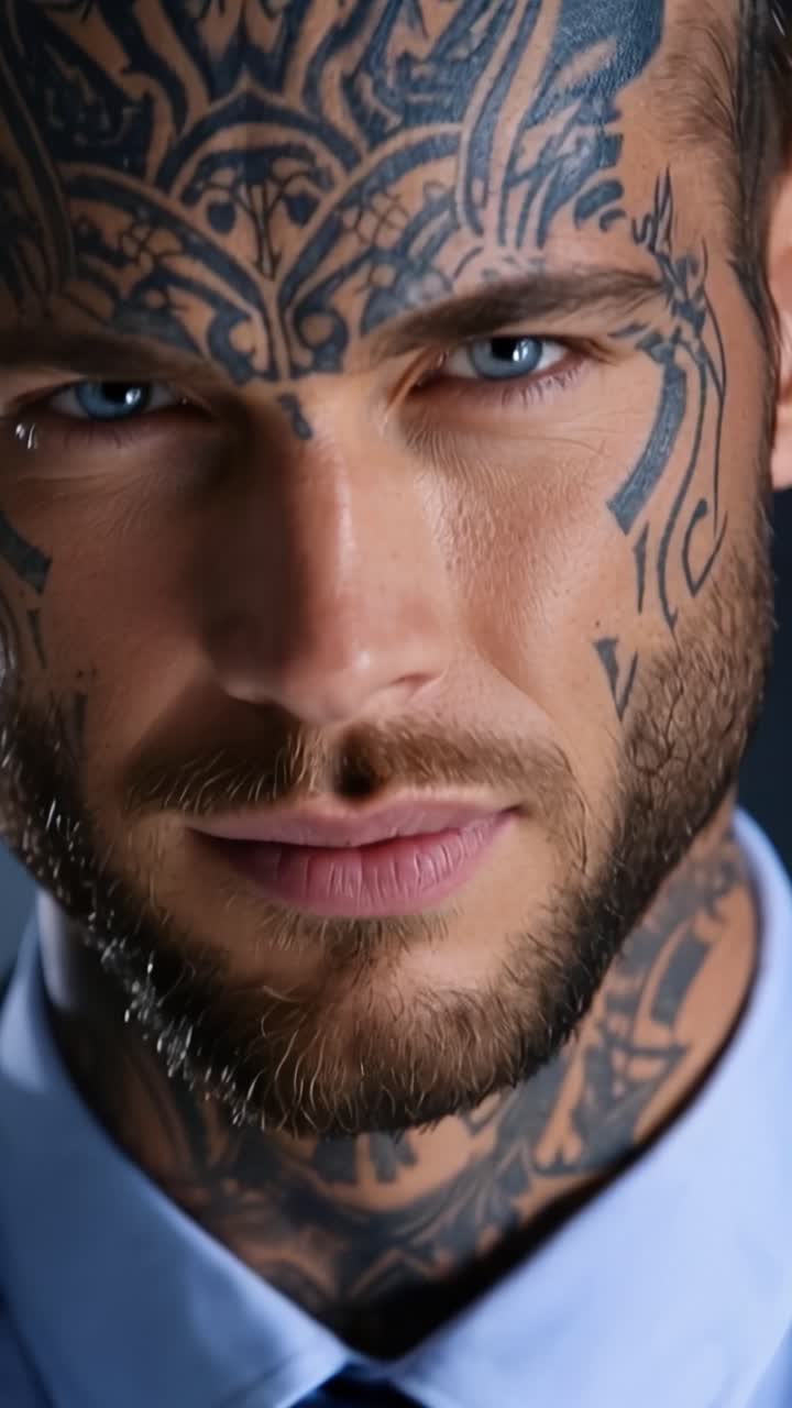 Hombre tatuado mira con calma con vestimenta de negocios. Diseños complejos cubren su cuello y rostro con audaz precisión. Ojos azules se encuentran con el espectador con tranquila confianza. Traje y corbata sugieren poder formal.