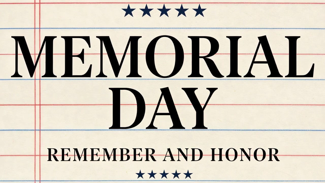 Mostrando centrato MEMORIAL DAY RICORDA e ONORE su carta color crema con stelle blu navy, margine rosso, onore