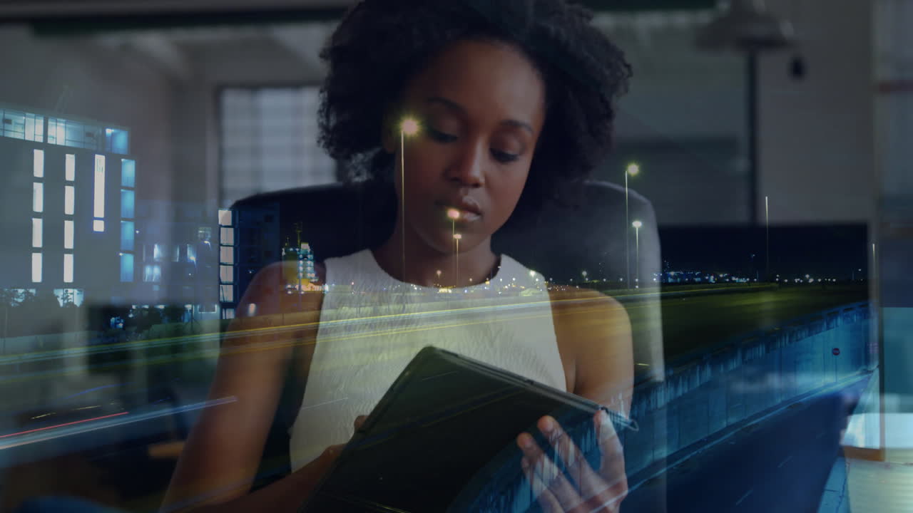 Writing in notebook, woman over cityscape animation with lights and buildings