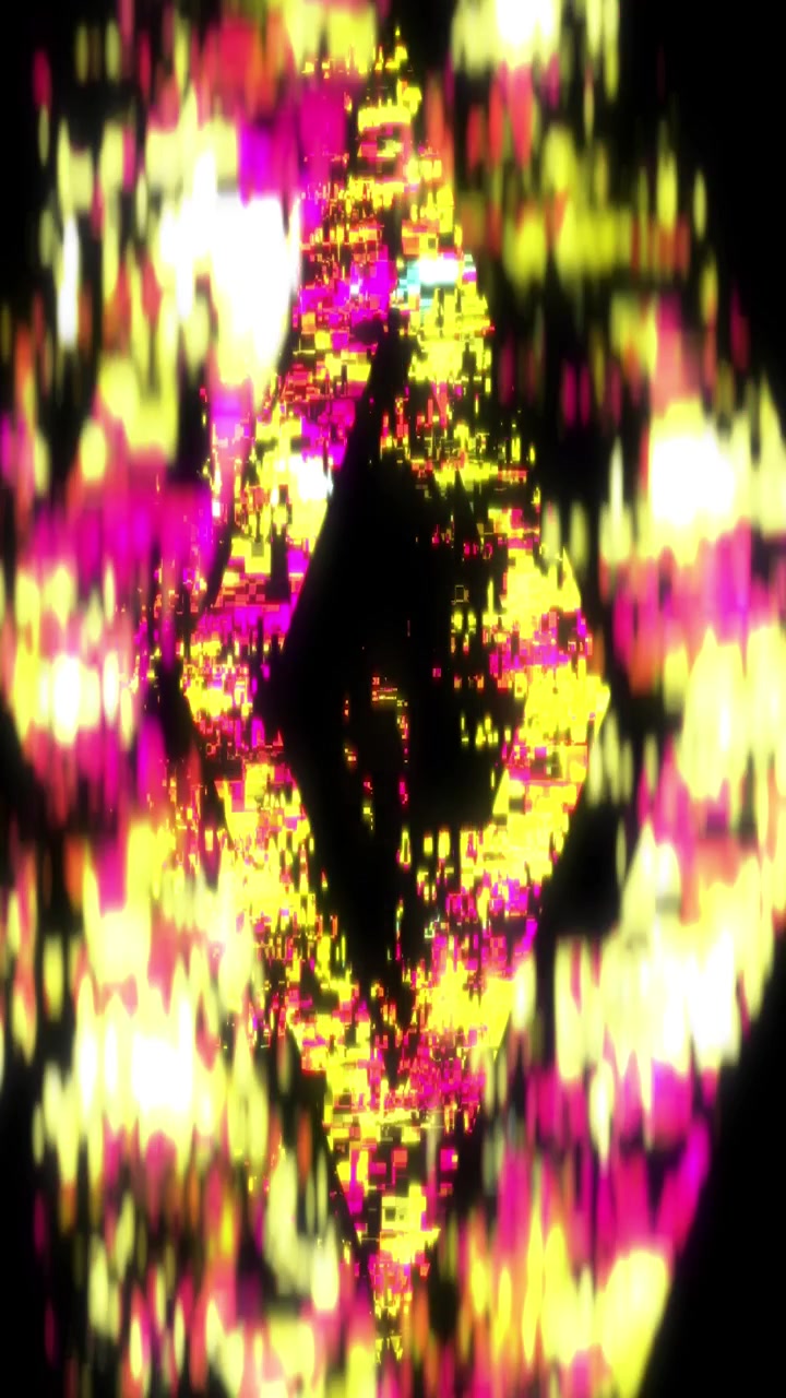 Abstraktní digitální glitch efekt se zářícími žlutými a růžovými částicemi