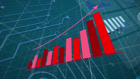 Animation-of-red-graph-over-motherboard,-charts-and-data-processing