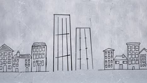 animación digital de dos edificios en un paisaje urbano