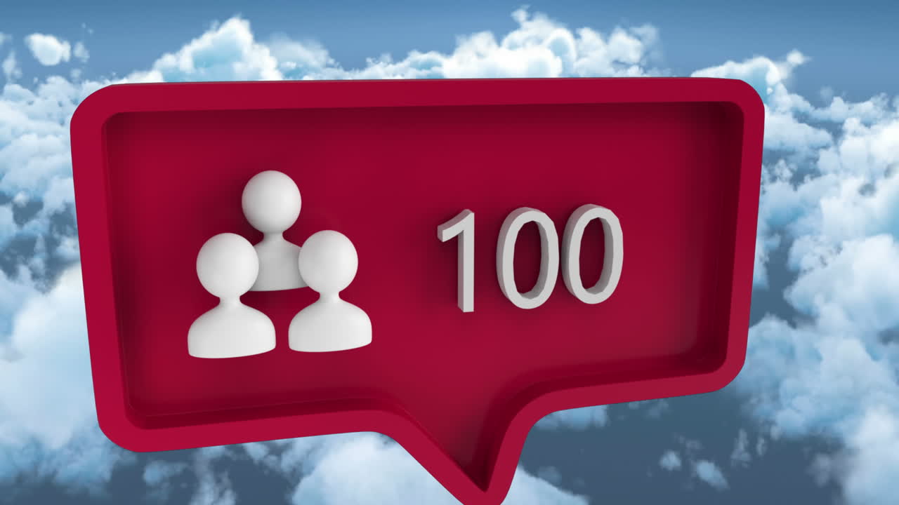 анимация значка людей с цифрами на речевом пузырьке над небом и облаками