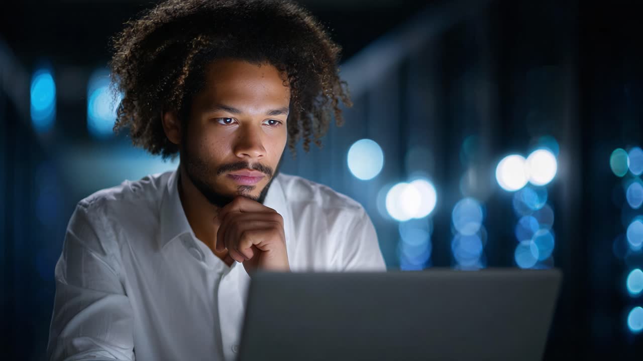 Focused Man Working Late at Night on a Laptop Surrounded by Technology in a Dimly Lit Environment with Shimmering Blue Lights Enhancing His Concentration