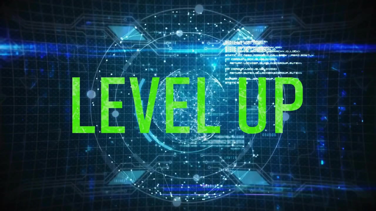 Green text appearing triggers LEVEL UP letters emerging on 3D globe, illustrating digital upgrade