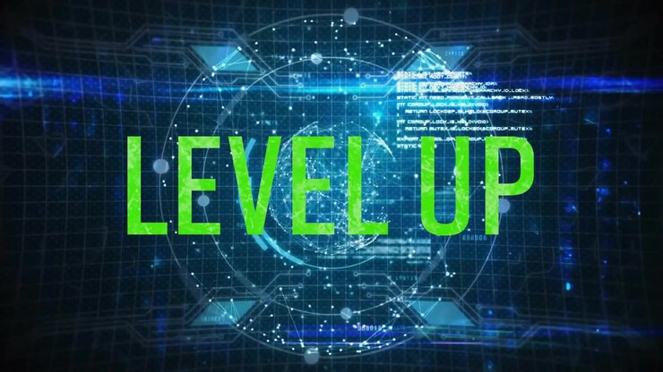 Testo verde che appare attiva le lettere 'LEVEL UP' che emergono su un globo 3D, illustrando un aggiornamento digitale.