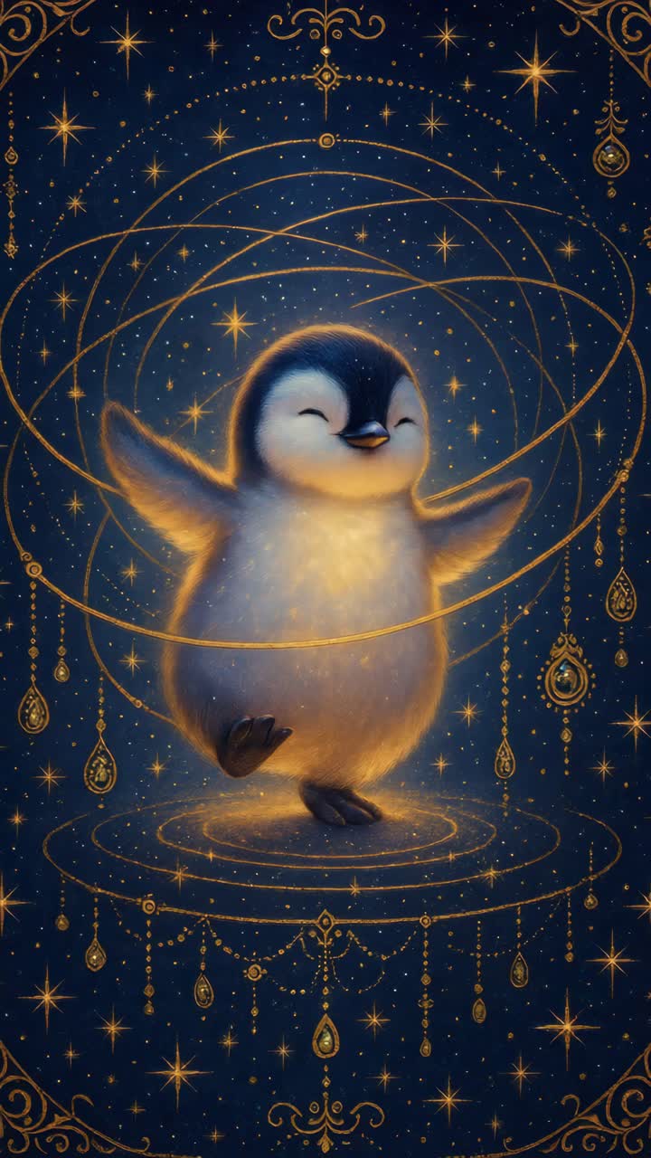 A whimsical video concept of a glowing penguin surrounded by golden orbits and stars