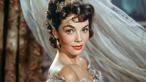 Elegant woman preparing for gala, wearing white dress and diadem, gazing lovingly at partner waiting in opulent ballroom with vintage charm