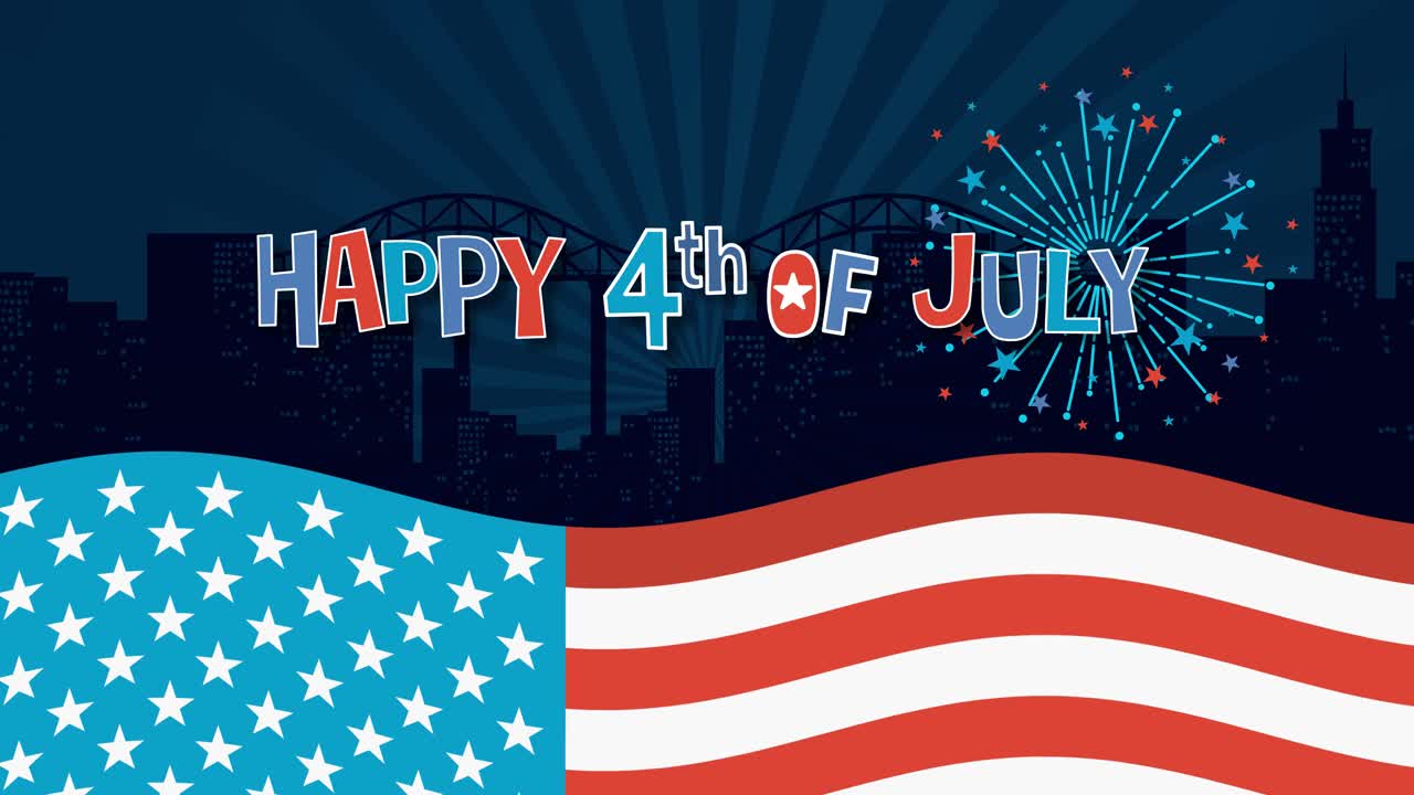 Vibrant fireworks illuminate a waving American flag with city skyline backdrop, celebrating Independence Day in a lively, patriotic animation