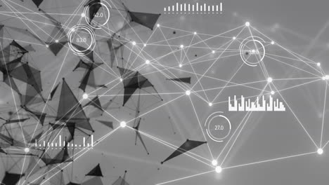 Animation-Von-Verbundenen-Punkten,-Diagrammen,-Sich-ändernden-Zahlen-In-Geladenen-Kreisen-über-Einem-Globus-Aus-Verbundenen-Punkten