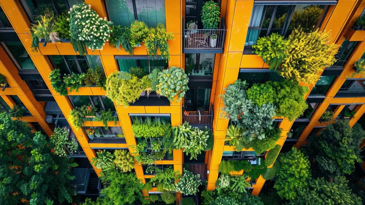 Vibrant Orange Building Adorned with Vertical Gardens and Lush Greenery