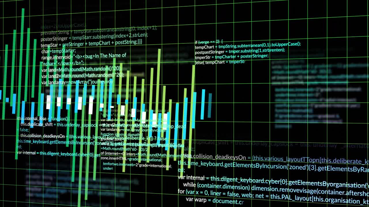 Animation of financial data processing over black background