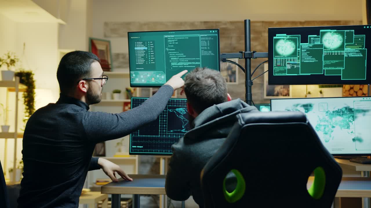 Team of dangerous male hacker using a powerful computer