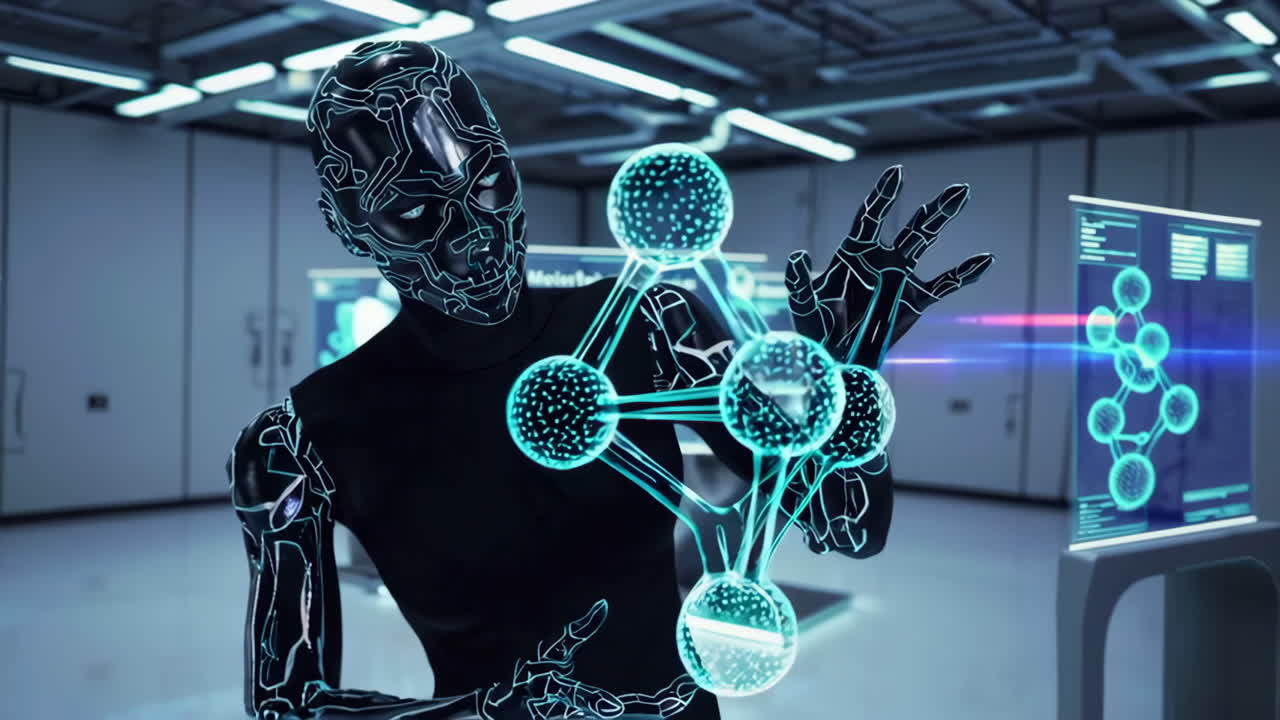 Robot in a laboratory interacting with a molecular structure