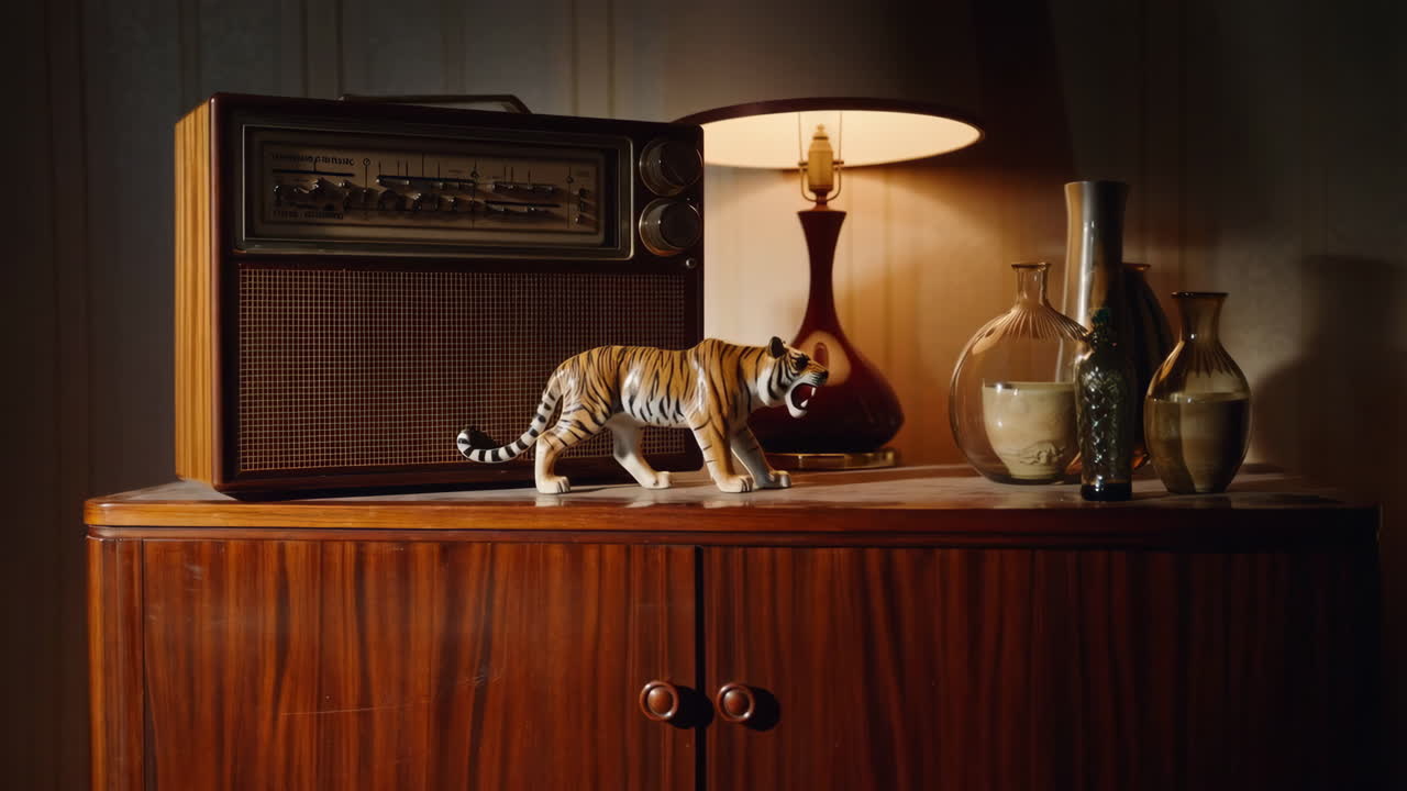 Vintage Radio, Tiger Figurine, and Vases on a Wooden Cabinet