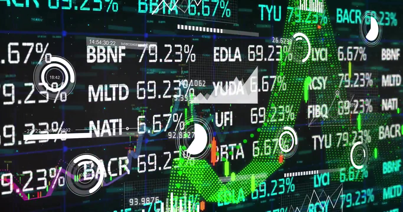 Animation of financial data processing over dark background