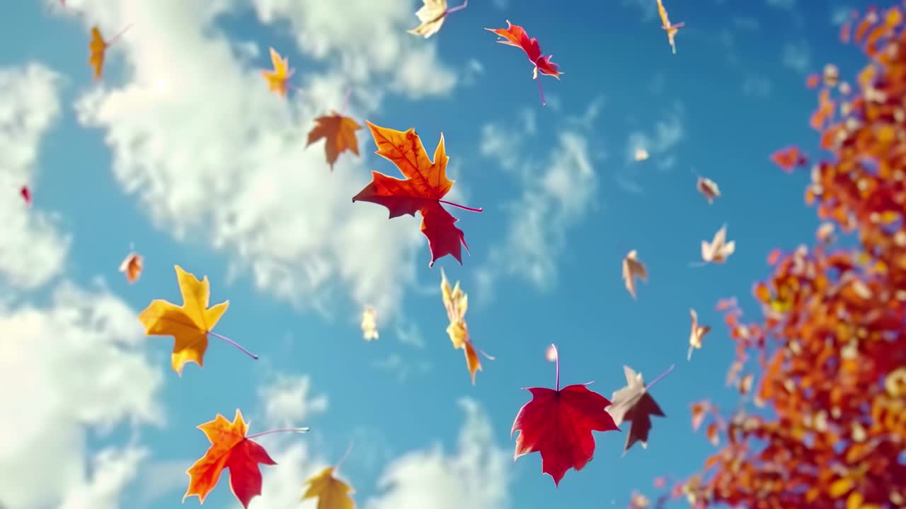 Vídeo en ángulo bajo capturando hojas de otoño vibrantes cayendo sobre un cielo azul brillante