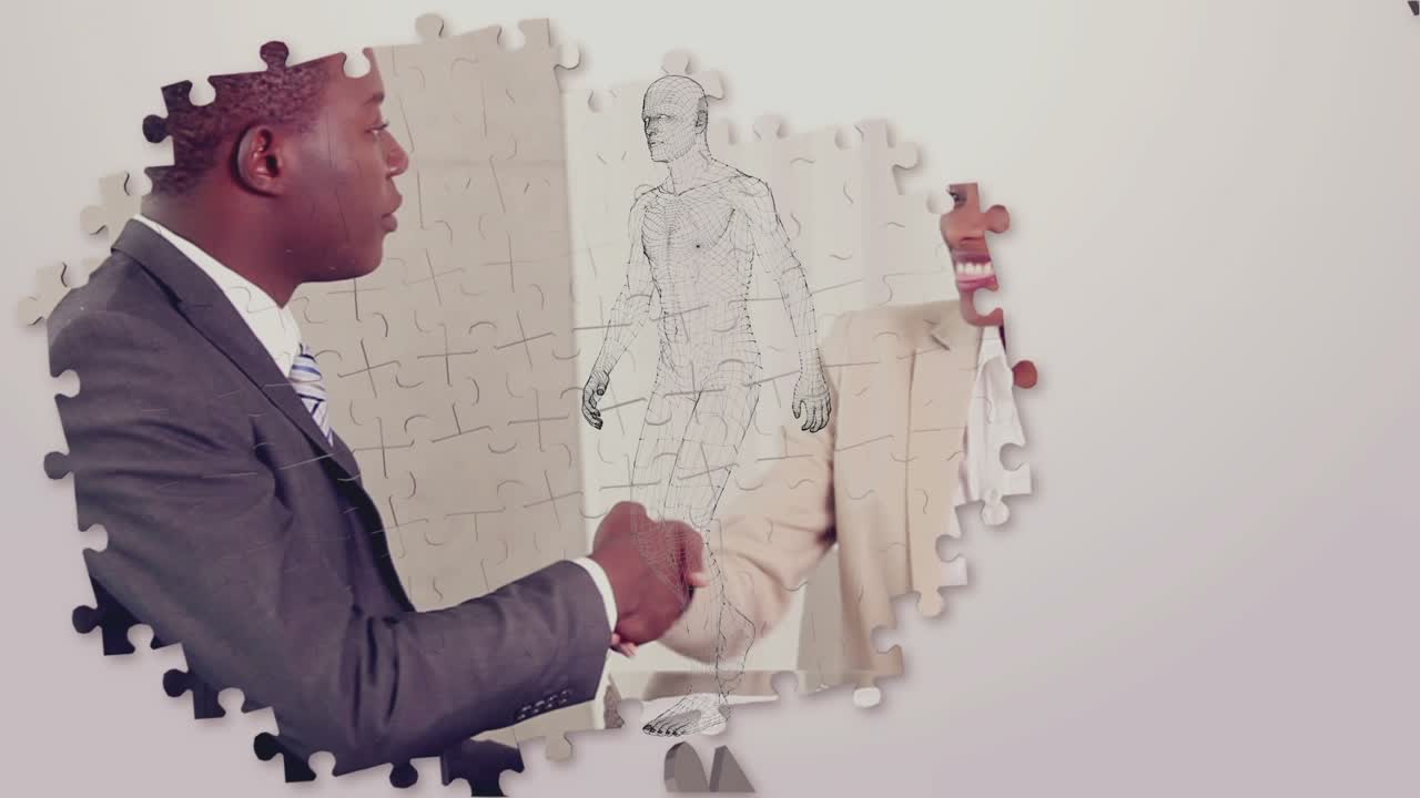 Animation of diverse business people puzzle over digital human
