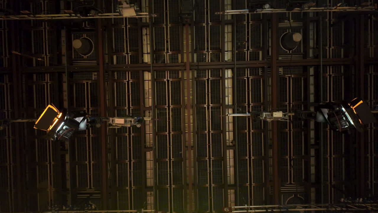 Flashing studio lights equipment on the ceiling of a TV set