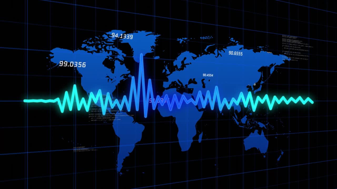 Animation of data processing over world map on black background