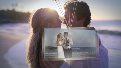 balloons carrying screen showing newlywed couple on beach