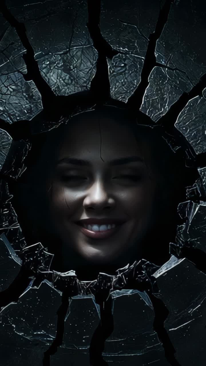 Vertical video: Emerging female face shifting serious to smiling receding in cracked wall opening