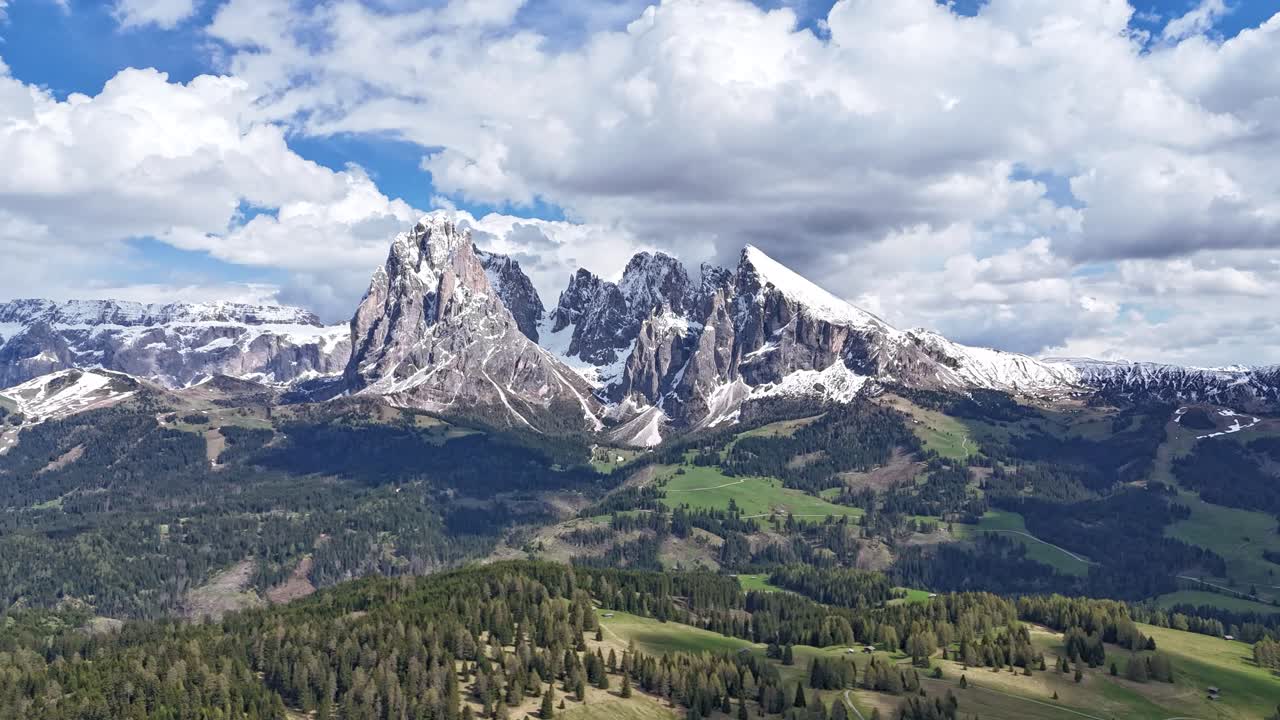 Drone hyperlapse of Dolomites mountains in Alpe di Siusi with cloud movement