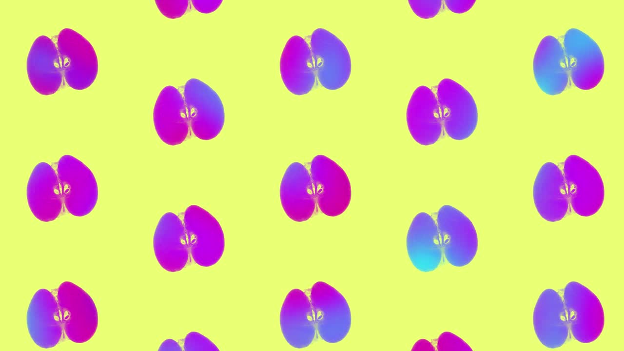 patrón de manzanas en colores de neón holográficos de gradiente vibrante. arte conceptual. fondo de surrealismo mínimo. patrón sin costuras con rebanadas de manzanas. animación realista. movimiento de video 4k
