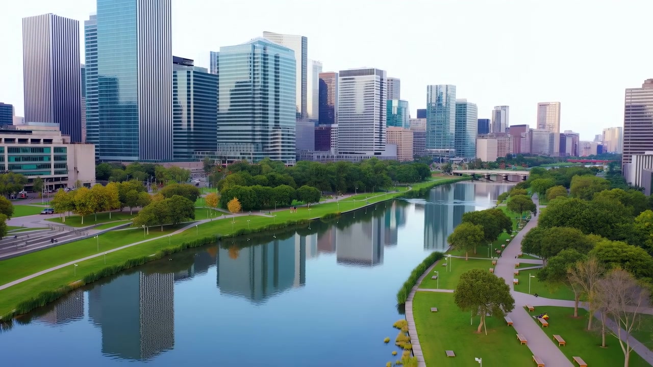 Perspectiva aérea mostrando torres de escritórios de arranha-céus de vidro erguendo-se atrás de uma margem de rio arborizada. Um rio calmo reflete os arranha-céus e o céu pálido, enquanto a vegetação é exuberante.