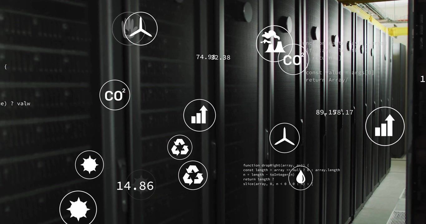 On system startup CO2, growth, sensor icons rising shifting across dim server racks showing metrics