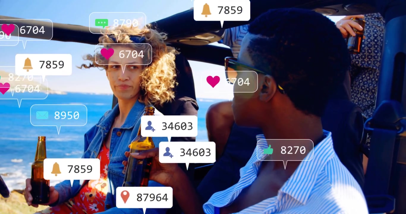 Woman talking, toasting beer in car, social icons pinging, floating, hiding faces, showing buzz