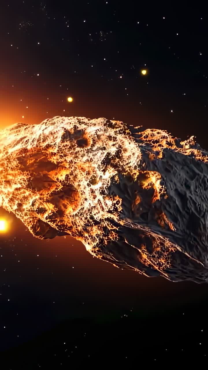Vertical video: Molten asteroid rotating in starfield after first frame, emitting glowing debris