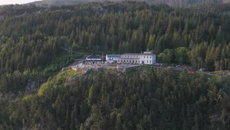 scenic view of floirestauranten on the mount floyen in bergen, norway. aerial shot